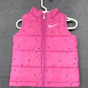 Nike Puffer Vest Girls 18M Pink Swoosh All Over Print Down Mock Neck Full Zip